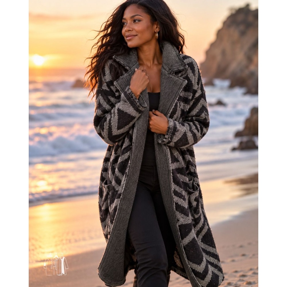 Free People Sweater Coat Womens L Black Gray Excellent Geometric Duster Cardigan